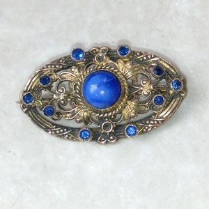 Antique brass brooch blue rhinestones + cabochon